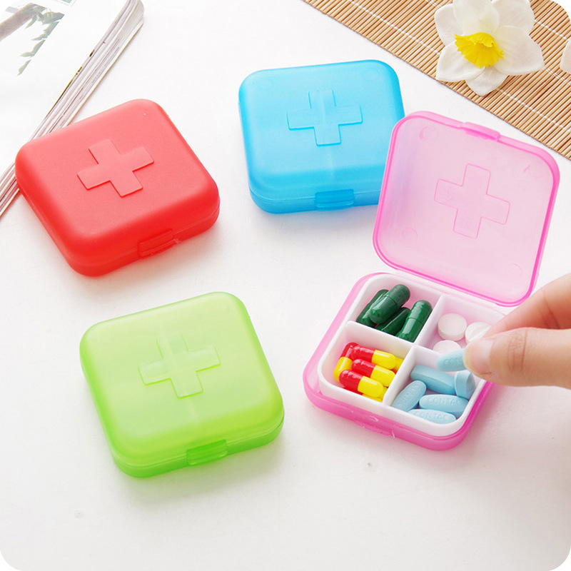 Cross medicine box 4 plastic sub-packed small medicine box Square portable portable medicine box pill box small square box wholesale