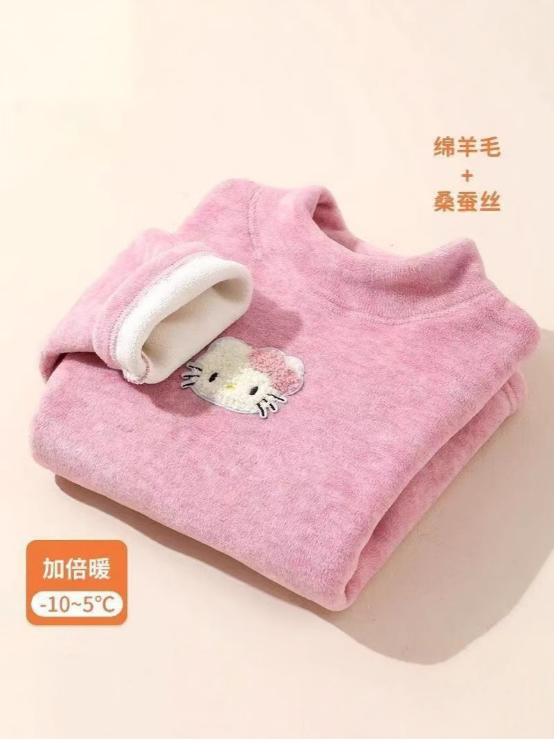 Fleece-Lined Warm Silk Wool Autumn and Winter Base High-Neck Baby Top Thickened Base Shirt Ultra-Thick Underwear for Boys and Girls