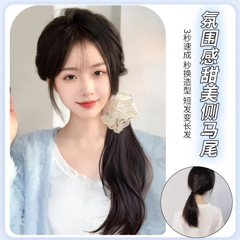 Wig for Women, New Chinese Style Ponytail Lace Half-Tied Hair, Low Ponytail Side Wig, Fashionable Natural Ponytail Wig