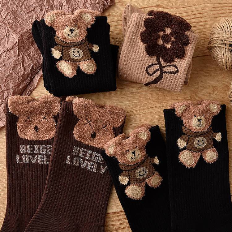 Douyin Popular Feather Yarn Bear Socks Women's Mid-Calf Plush Socks Outer Wear Cute Ins Trendy Versatile Stockings Autumn and Winter