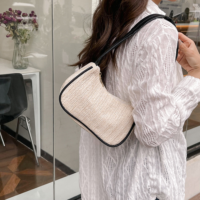 Summer Straw Bag Women's 2024 New Girl's Retro Contrast Color Handbag All-match Underarm Woven Bag Trendy