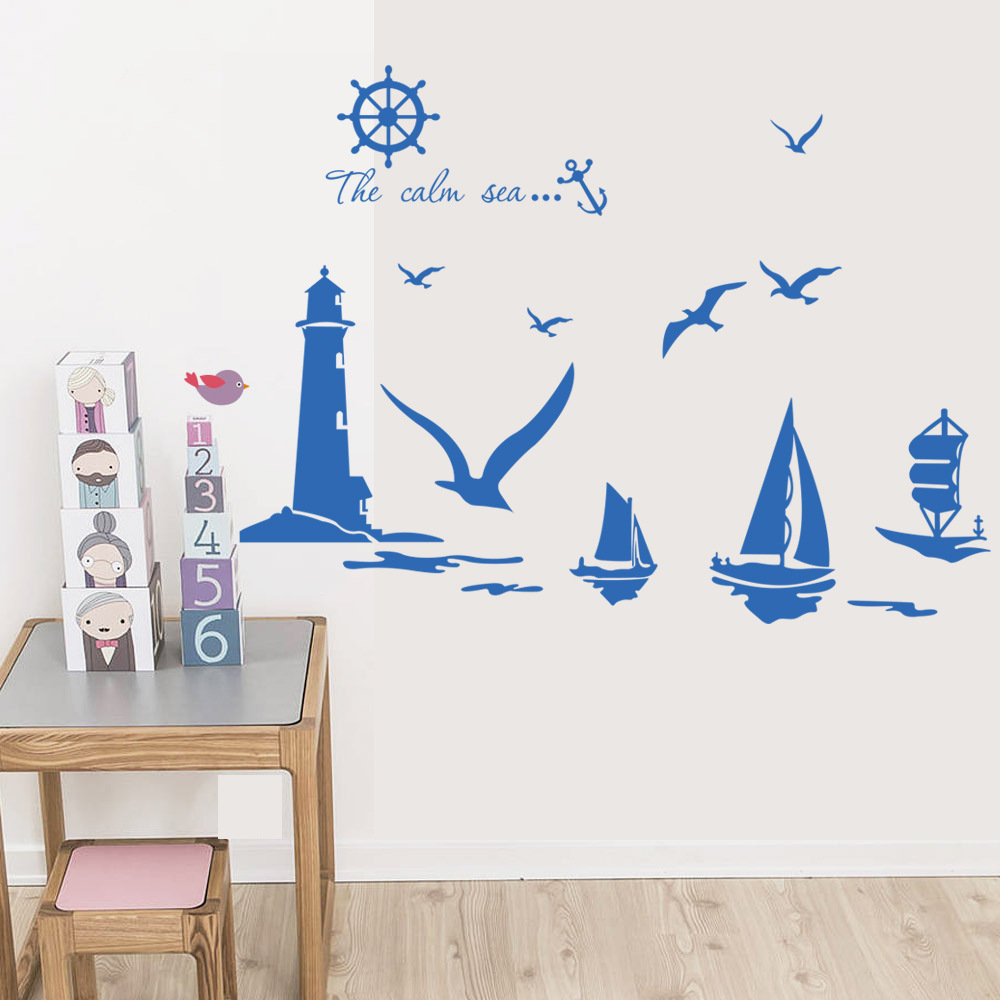 European and American wall stickers sea sailing stickers living room bedroom background PVC factory wholesale 9204 mural Blue
