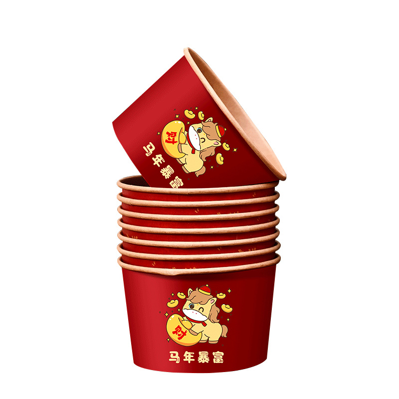 2026 New Year of the Horse Lucky Character Kraft Paper Bowl Paper Cup Thickened Disposable Bowl Cup New Year Spring Festival Supplies Tableware