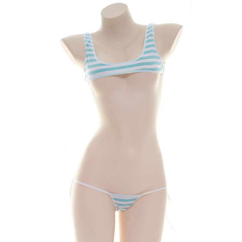 Sexy Fresh Striped Camisole Set with Lace-Up Panties, Japanese Style Figure-Flattering Lingerie Set for Women