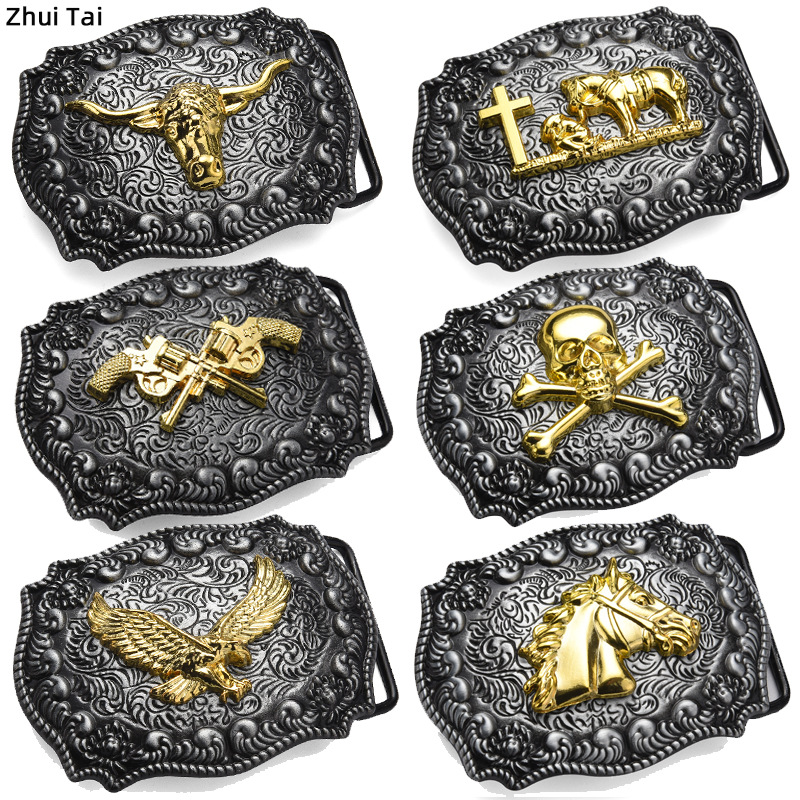 Leather head wholesale fashion trend small pattern base plate cover cow head punk skull buckle western style belt buckle