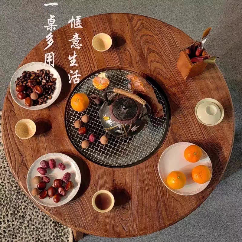 Old Elm Wood Tea Table Solid Wood Small Round Table Retro Log Balcony Tea Table Outdoor Barbecue Hot Pot Table