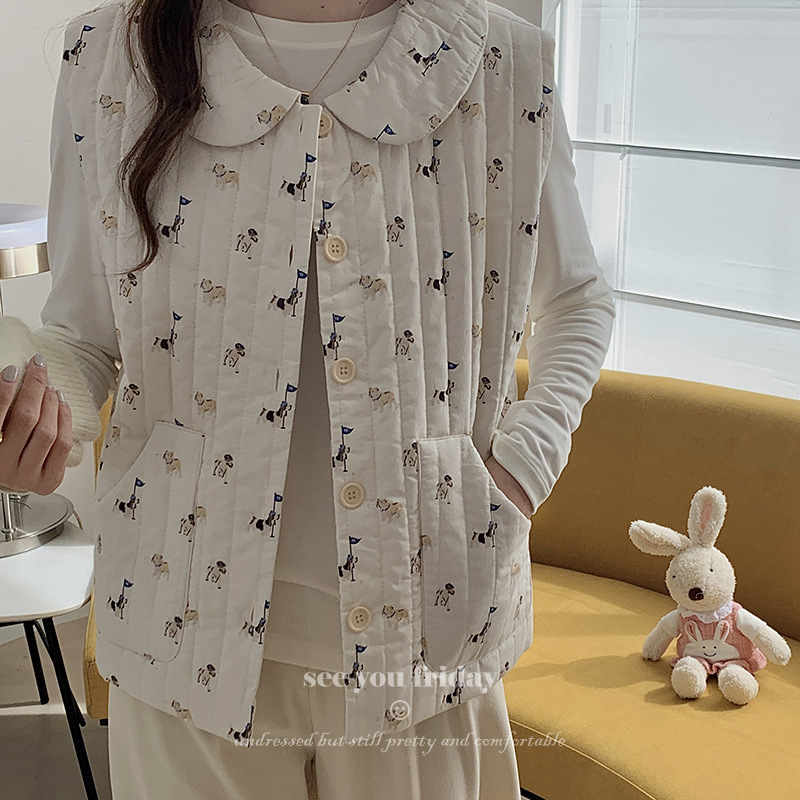 Three-layer Quilted Cotton Two-color Cartoon Doll Collar Cotton Vest Autumn and Winter Pajamas Women's 2024 New Outfit