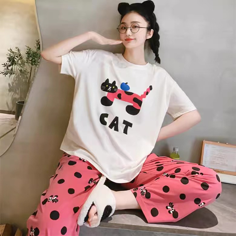 2025 Summer Short-Sleeved Pants Pajamas for Women, Loose and Cute New Style, Thin Home Clothes Set That Can Be Worn Outside in Summer