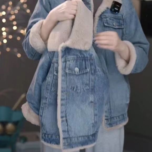 Girls' Denim Jacket with Fleece Lining, Thickened for Autumn and Winter, New Trendy Fashion for Older Children, Warm Outerwear for Elementary School Students, Korean Style