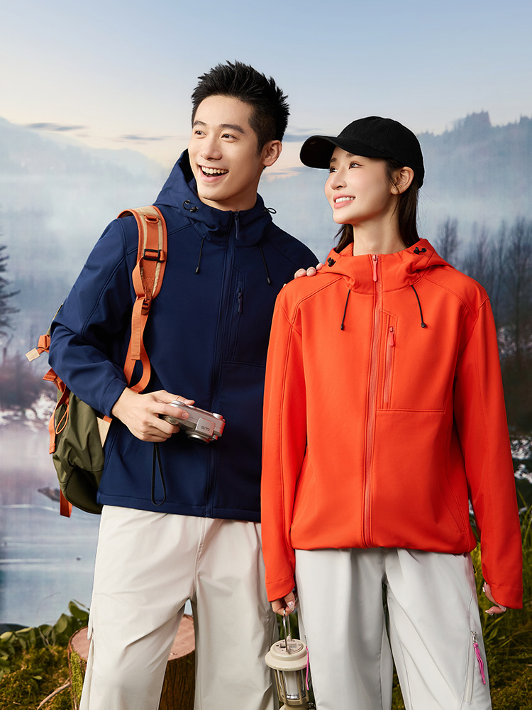 Autumn and Winter Soft Shell Hooded Jacket, Wear-Resistant and Windproof, Classy Team Uniform Zipper Jacket, Cross-Border Pure Color Printed Logo Trend