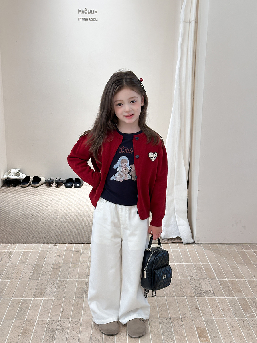 Aimobeibei 2025 Autumn New Korean Style Versatile Heart Letter Sweater Cardigan Knitted Jacket for Boys and Girls