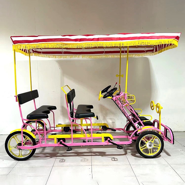 Four-Wheel Parent-Child Double Bicycle for Multiple People, Four-Person Handbrake Bicycle, Couple's All-In-One Wheel Tourist Sightseeing Car Plus