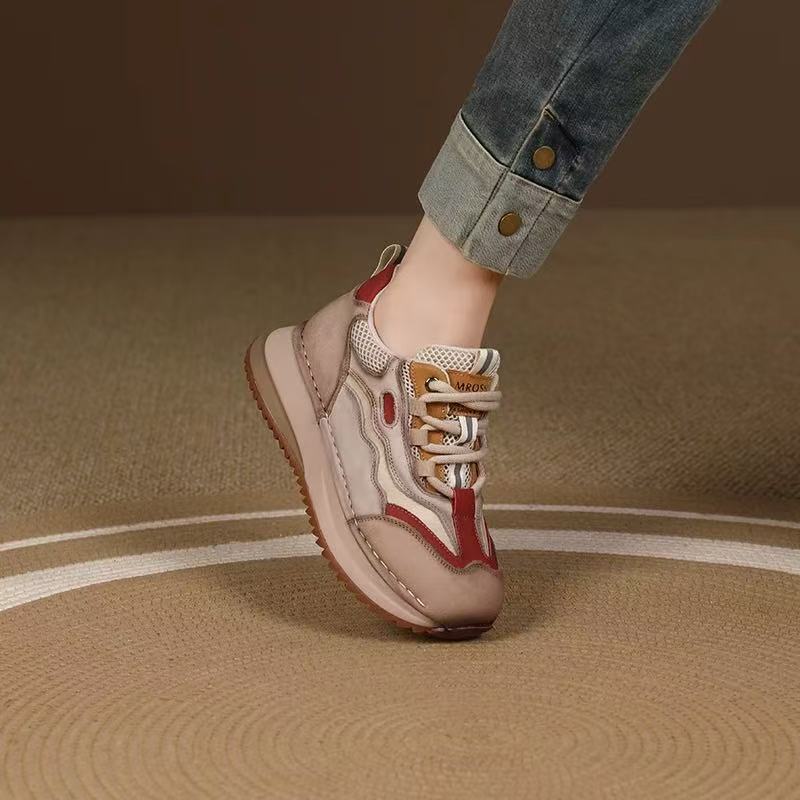 2025 Autumn New Thick-Soled Genuine Leather Retro Versatile Casual Shoes Color-Block Soft-Soled Women's Sneakers