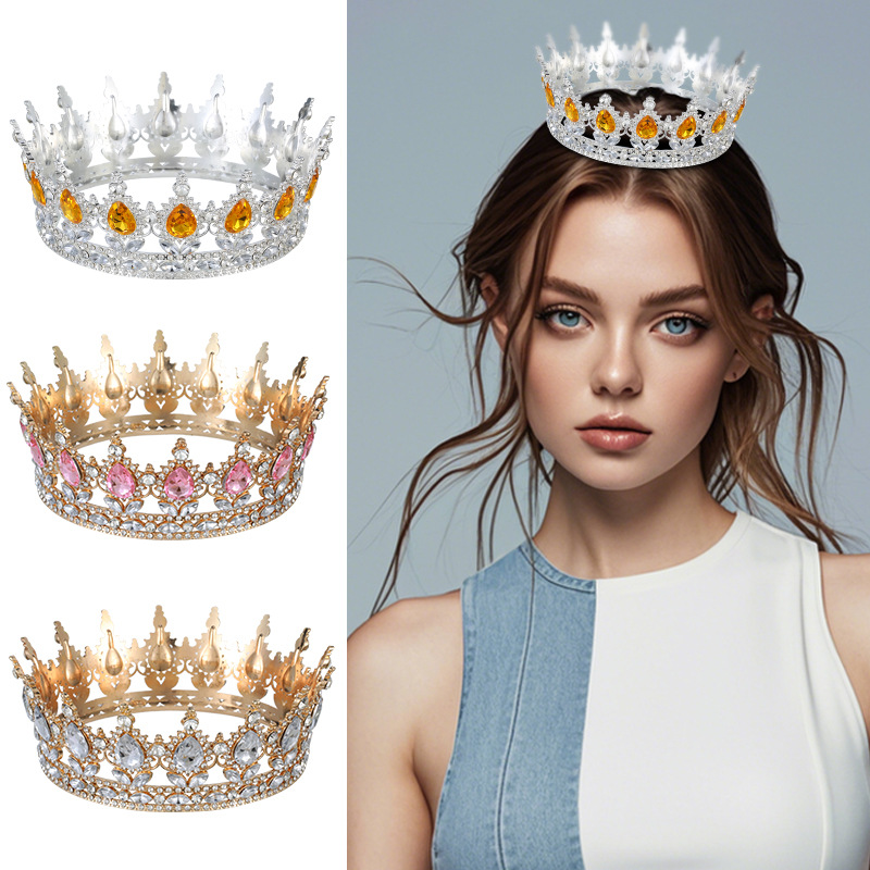 European and American Cross-border Baroque Alloy Water Drop Crown Headwear Bridal Wedding Photography Accessories Full Round Adult Ceremony Headwear
