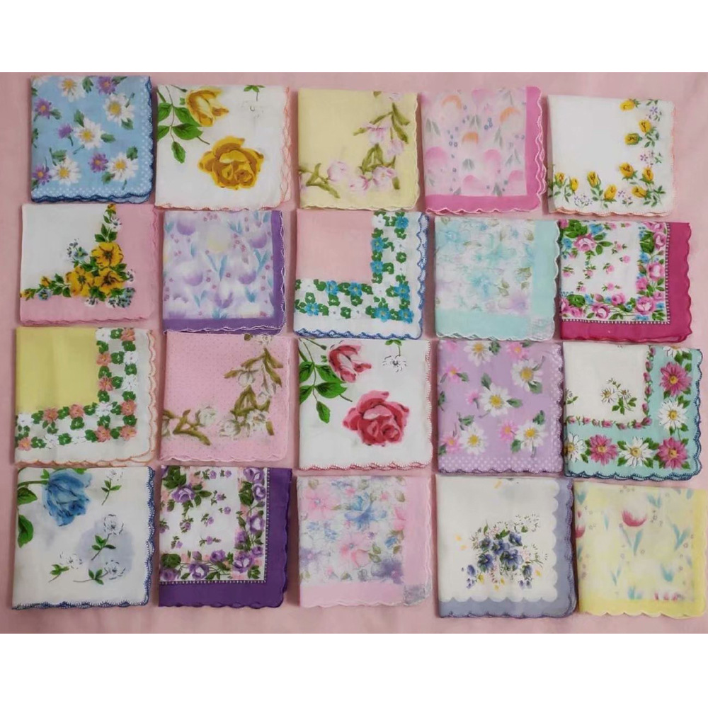Hot sale classic cotton small fresh color printed small floral handkerchief tooth edge handkerchief multi-style optional wholesale