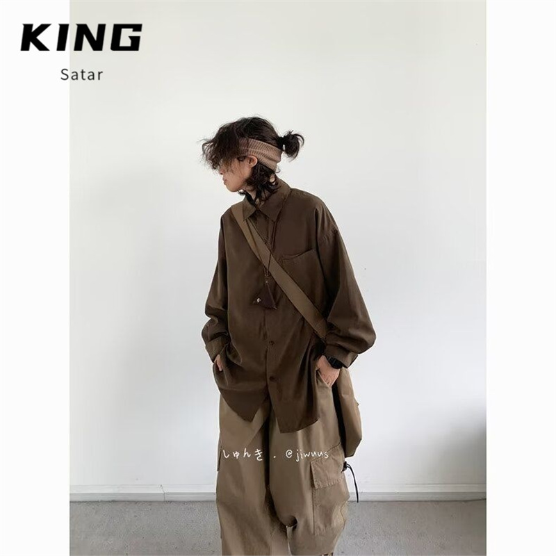 Spring and Autumn Japanese Retro Solid Color Long-Sleeve Shirt for Men, Hong Kong Style Versatile College Loose Casual Work Shirt