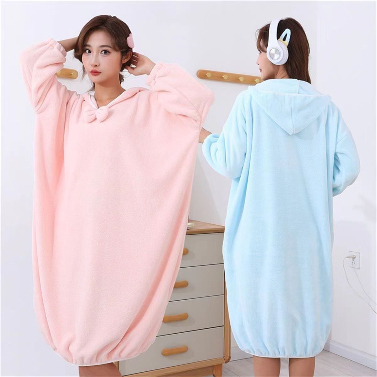 Long Home Bath Skirt for Women, Absorbent and Thickened Household Bath Towel, Hooded Coral Velvet Long-Sleeved Home Bath Skirt and Bathrobe