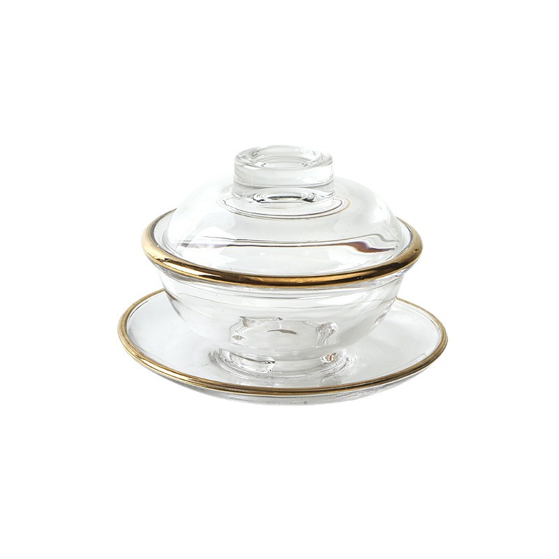 Japanese-style household creative three-piece glass bowl with lid transparent bird's nest bowl with golden edge glass bird's nest suit
