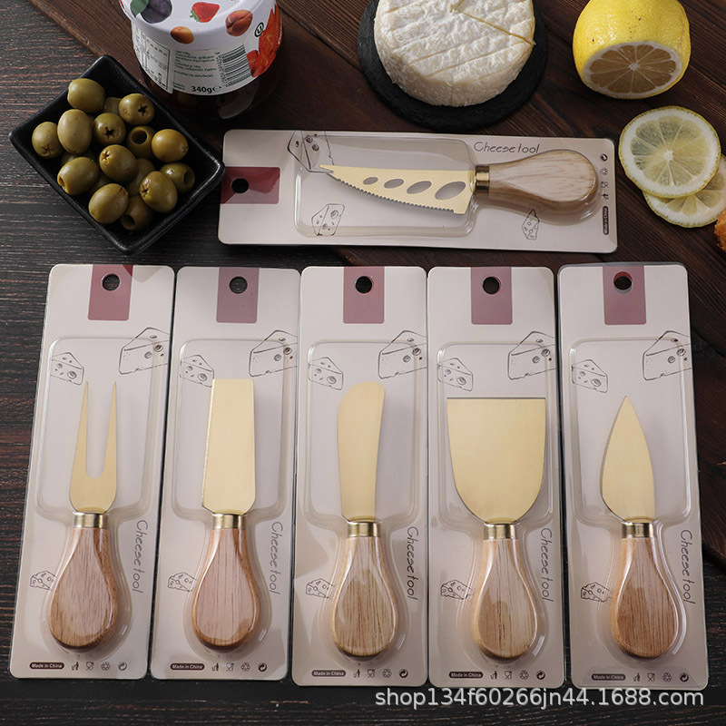 In-Stock Wholesale Rubber Wood Handle Cheese Tools 420 Stainless Steel Cheese Pizza Knife Cutlery Forks Hot Sale in North America