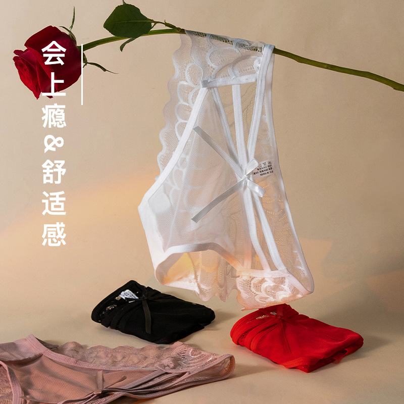 Rose Style Girl Low Waist Sexy Lace Mesh Bow Underwear Pure Cotton Crotch Underwear Perspective Hot Ladies