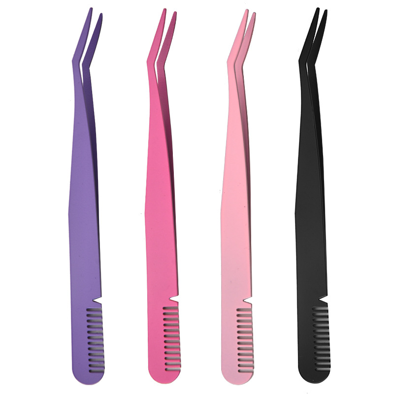 New Stainless Steel Eyelash Tweezers with Comb Grafting False Eyelash Curler Curved Mouth False Eyelash Assistant Beauty Tool
