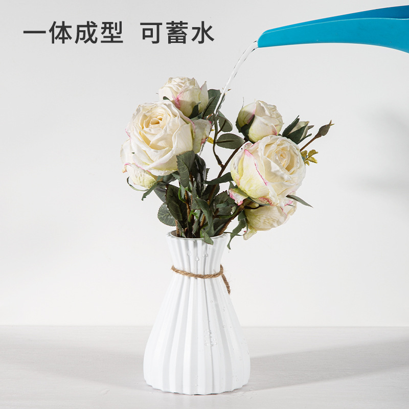Hydroponic Flower Vase White Vertical Pattern Imitation Ceramic Vase Flower Arrangement Modern Simple Lantern Plastic Vase Ornaments Flower Utensils