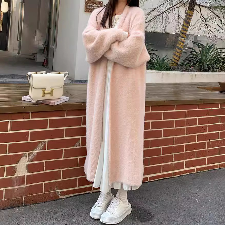Korean Style Extra Long Over-The-Knee Imitation Mink Sweater Cardigan for Women Autumn and Winter New Style Lazy Style Loose Thickeneded Sweater Jacket