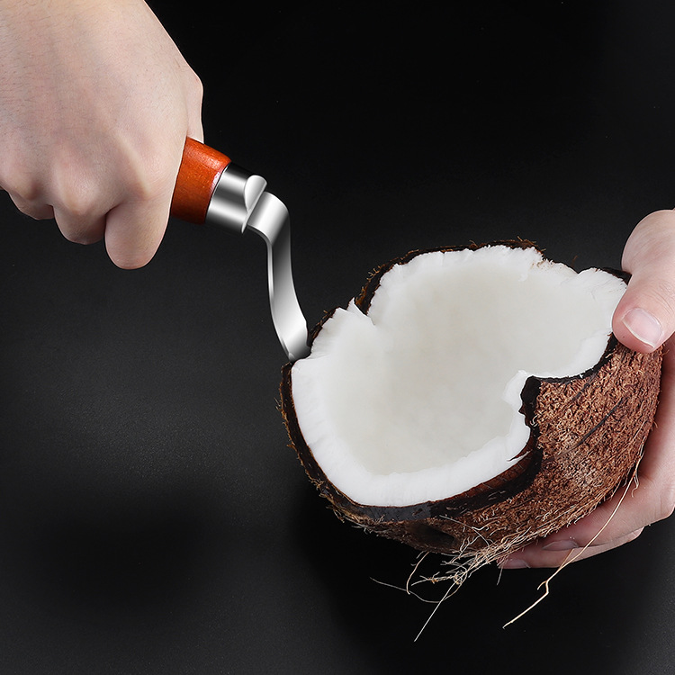 Factory Direct Supply Stainless Steel Coconut Meat Scooper Curved Blade Coconut Meat Separator with Pointed Wooden Handle Coconut Tool
