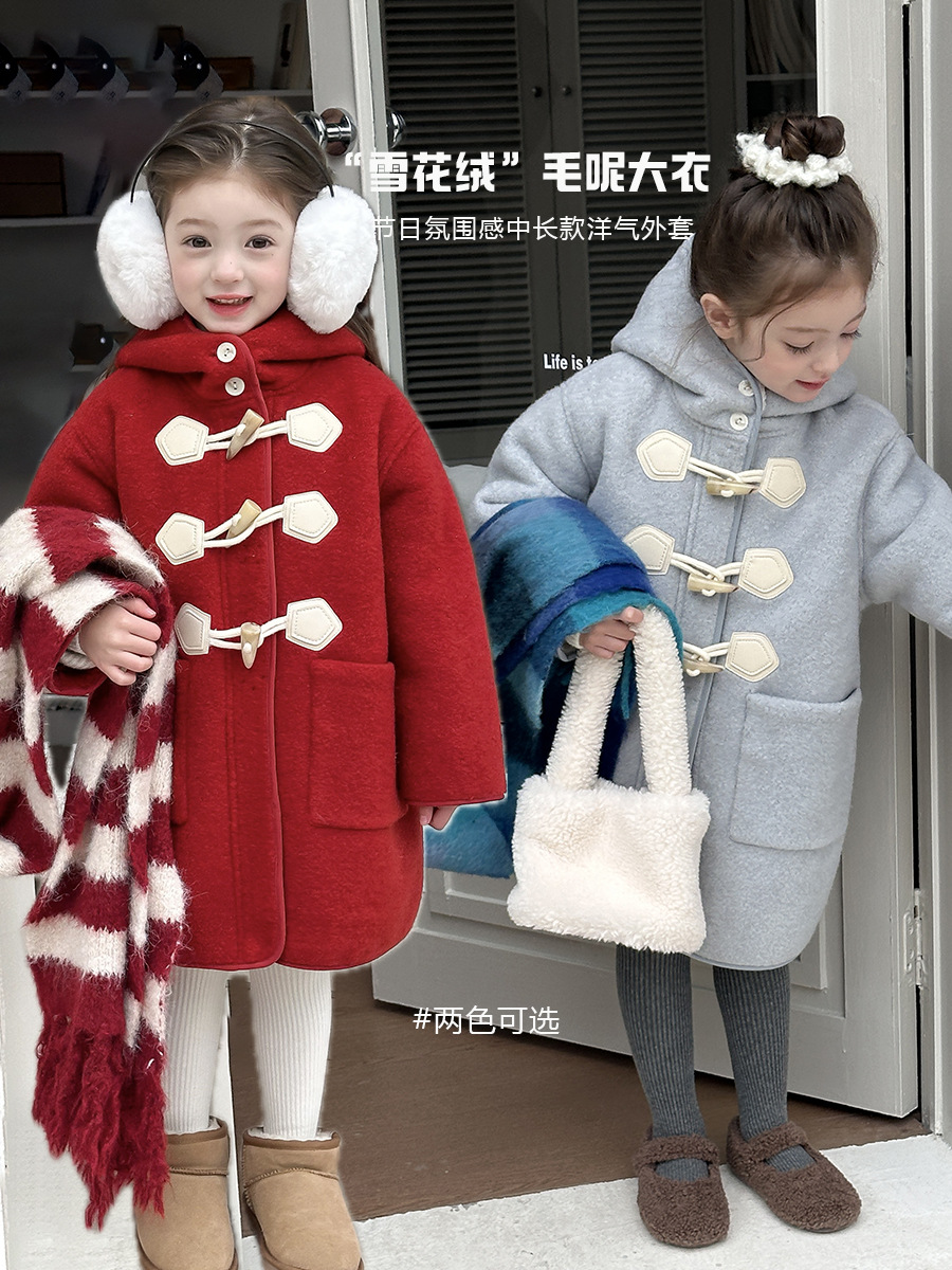 [Fleece and Thickened] Girls Korean Style Western Style New Year Style Mid-Length Hooded Woolen Coat