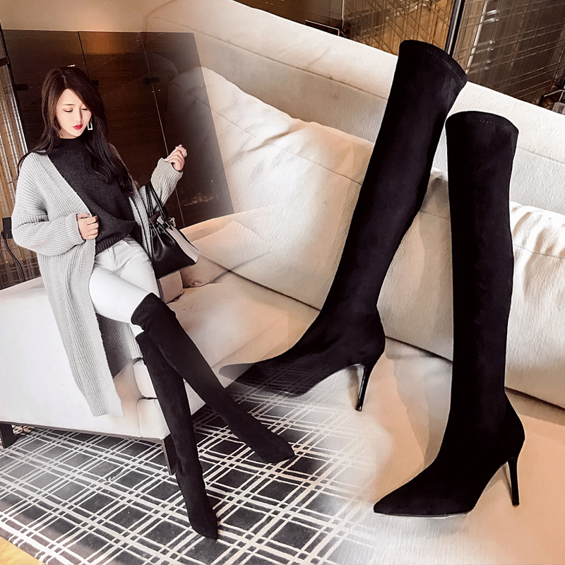 2025 New Autumn and Winter New Spot Over-The-Knee Boots That Do Not Fall Off, Black Suede Slimming Look Pointed Toe Stiletto High Boots for Women