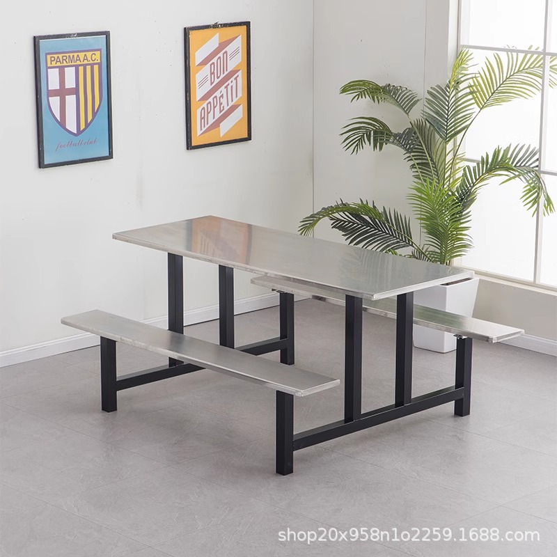 Stainless steel dining table, school canteen, conjoined dining table and chair, staff restaurant, 4 people, 6 people, 8 people, fast food table and chair combination