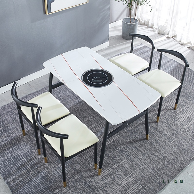 Theme Hot Pot Table Induction Cooker Barbecue All-In-One Skewers Catering Dining Table Rectangular Hotel Table and Chair Combination W&
