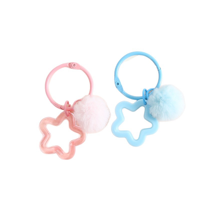 Fresh and Cute Colorfulful Five-Pointed Star Hair Ball 3cm Card Ring Keychain DIY Handmade Bag Pendant Jewelry Wholesale