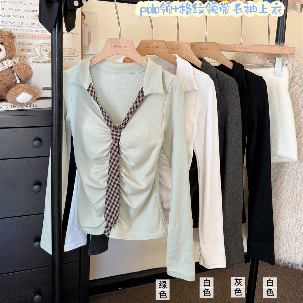 6170 # 260g Rayon Brushed Plaid Tie Lapel Long-Sleeved Top Design with Chest Pad Slim T-Shirt for Women