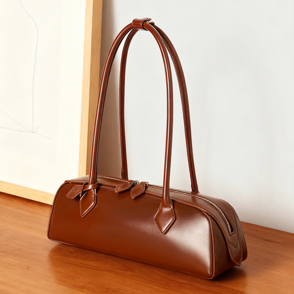 Women's 2025 New Korean Niche Design Single Shoulder Large Capacity Cowhide Underarm Bag Long Red Baguette Bag for Women