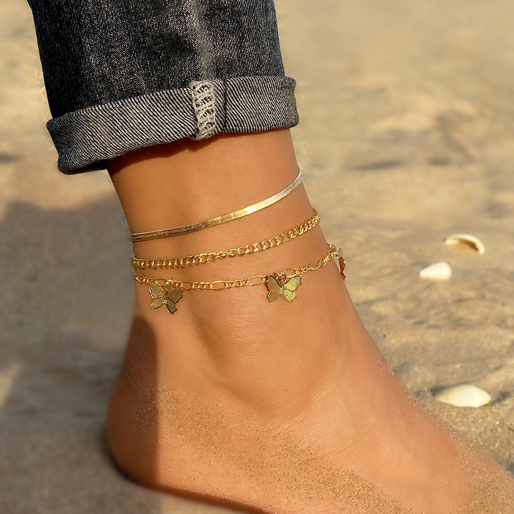 European and American Cross-Border Personalized Retro Thick Chain Anklet Set Ins Cold Style Retro Anklet Bracelet Set for Women
