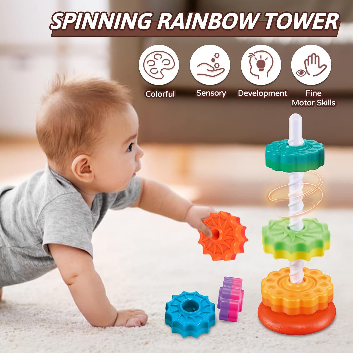 Cross-border Rainbow Rotating Tower Toy Enlightenment Infant Cognition Early Education Geometry Stacking Music Amazon Intelligence Ring