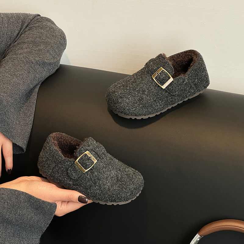 Children's Shoes Korean Style Casual Girls' Thick Woolen Fleece-Lined Birkenstock Shoes 2025 Winter New Kidsren's Low-Cut Warm Cotton Shoes Trendy