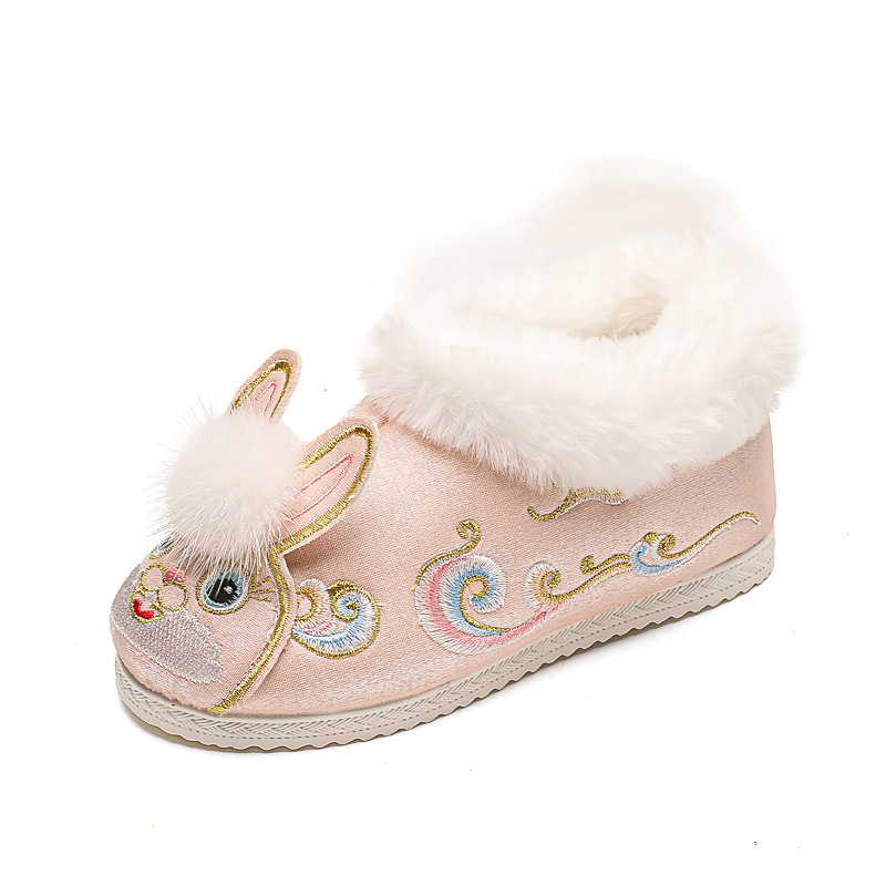 Winter girls' Hanfu shoes New Year's greeting shoes Children's embroidered shoes fleece-lined thick warm cotton-padded shoes Chinese style ancient costume short boots