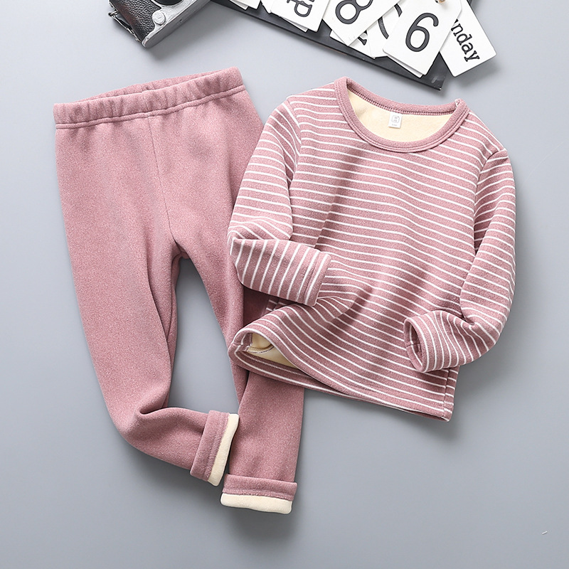 2025 Autumn/Winter Children's Fleece-Lined Thick Striped Pajamas Homewear Set for Boys and Girls, Base Layer Thermal Underwear Set