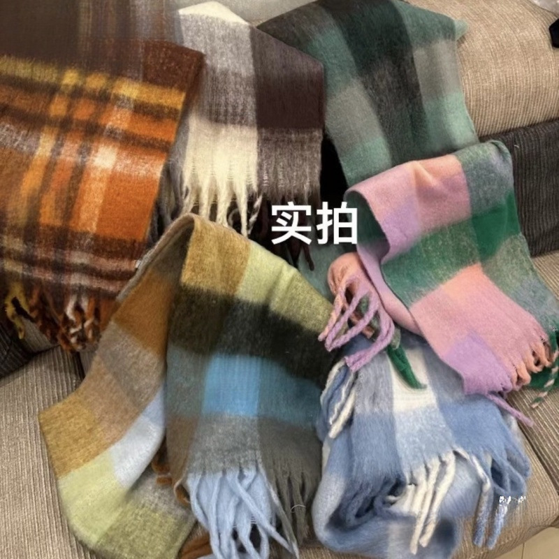 Autumn and Winter New Thickened Warm Rainbow-Colored Plaid Scarf European and American Loop Yarn Thick Tassel Color-Blocking Shawl Universal