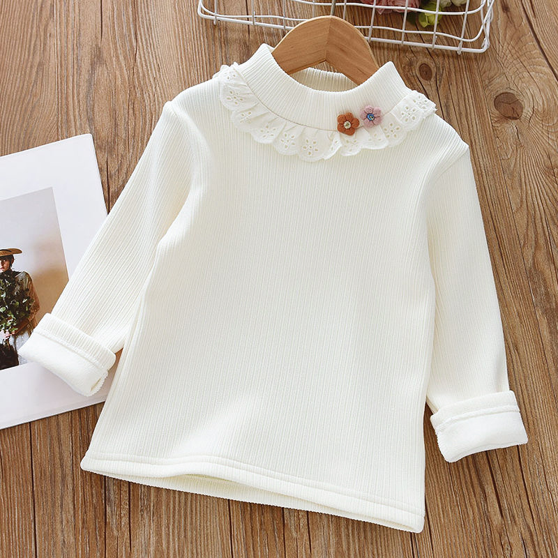 Girls' Winter Base Shirt Children's fleece-lined Mock Collar Lace Warm Top Girls' Jacquard Knitted T-Shirt