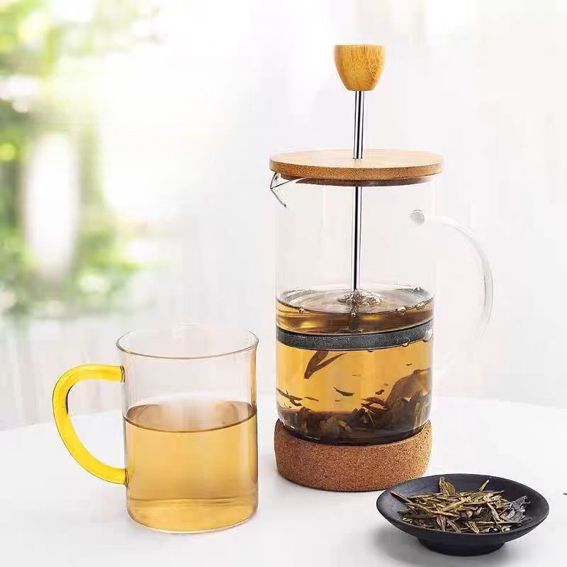 Wooden Cover Coffee Hand Brewing French Press High Borosilicate Tea Maker Stainless Steel Push-Type Coffee Pot Cold Brew Sharing Pot