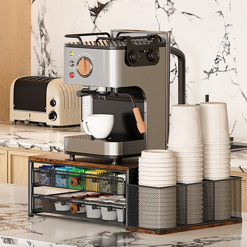 60 Coffee Capsules Large Capacity Storage Rack 2 Tier Sliding Storage Drawer with Storage Water Cup Basket