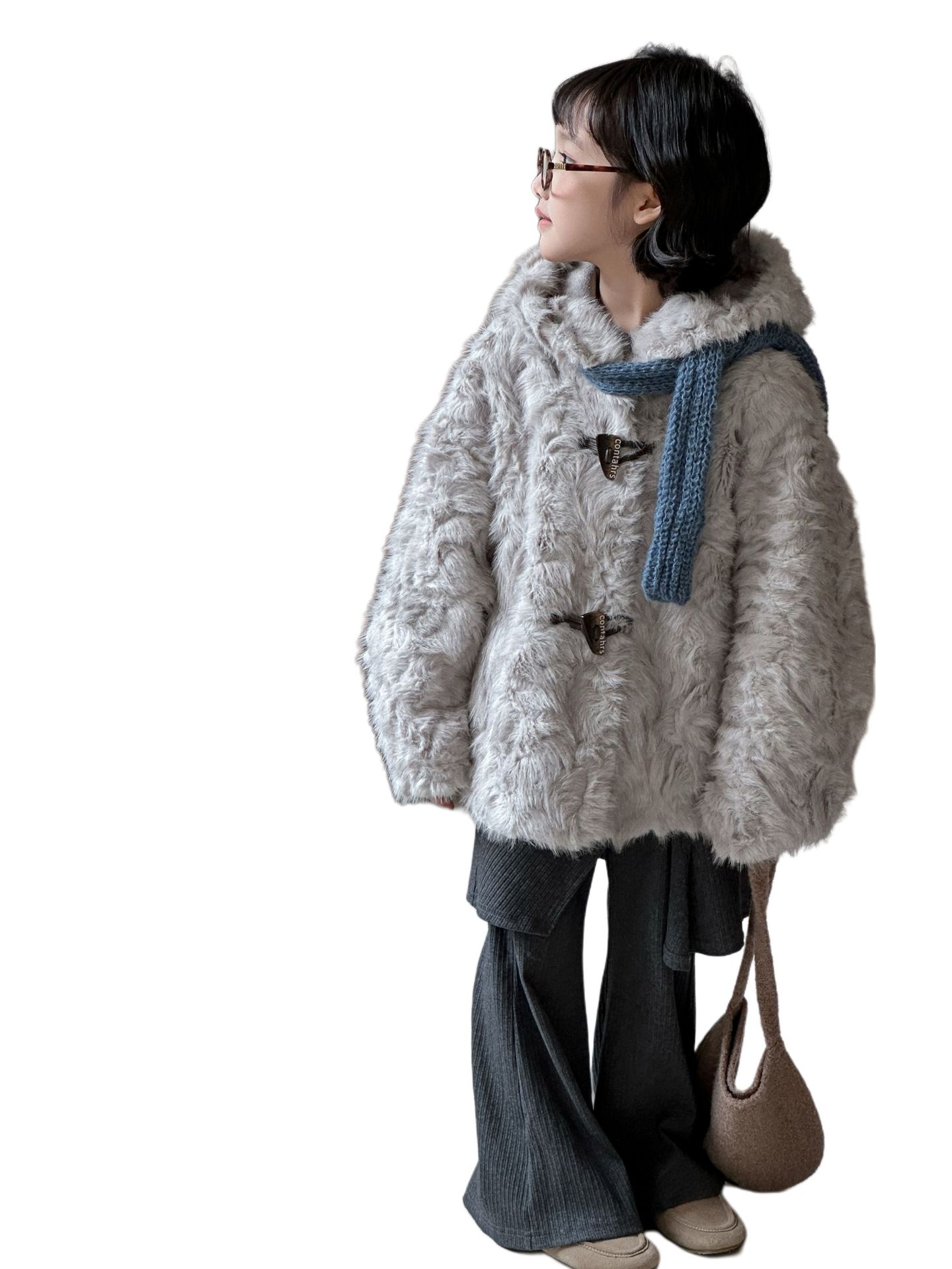2025 Children's Little Fox Sheep Faux Fur Coat Winter Thickened Loose Fit Girls' Sheep Shearling Coat Starry Night Dark Gray