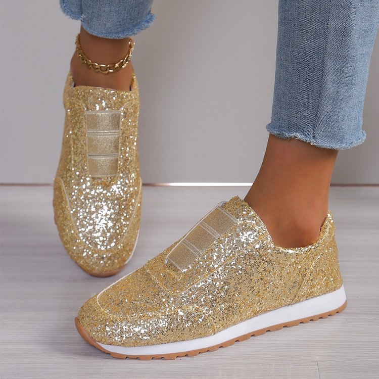 European and American Foreign Trade plus size 2025 New Sequin Cloth Shoes Sports Leisure Women's Shoes Shallow Mouth Flat Round Head Cross-border Hair
