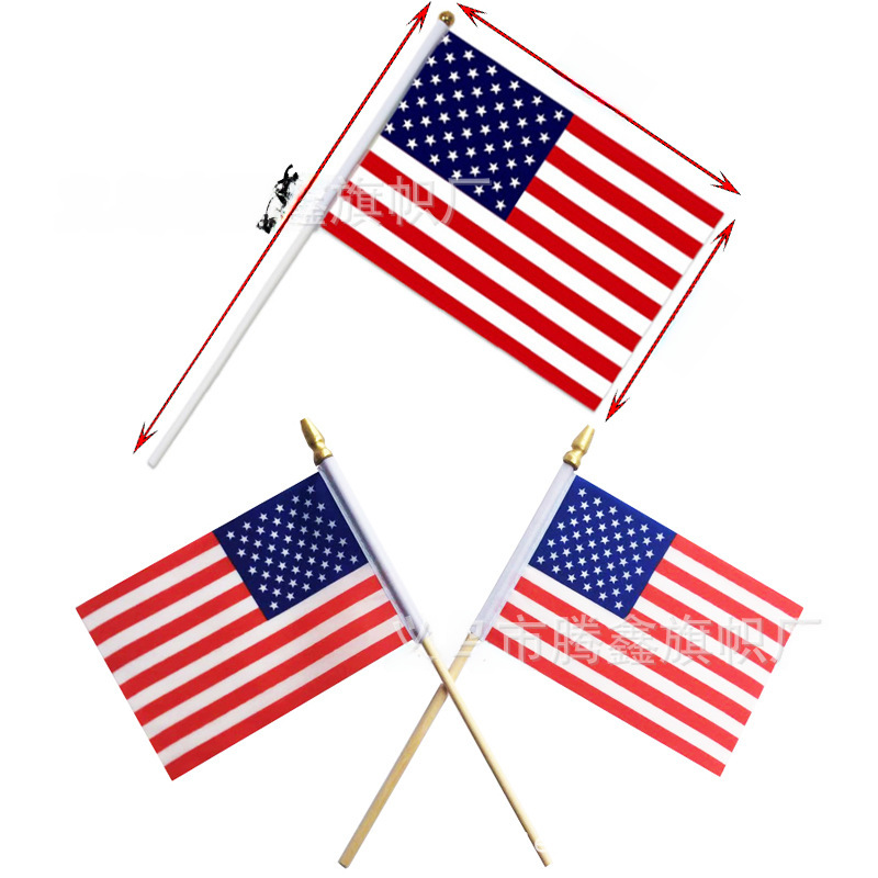 Ready Stock Polyester Fabric American Independence Day Hand-Waving Flag with Wooden Plastic Flagpole American Hand-Held Flag