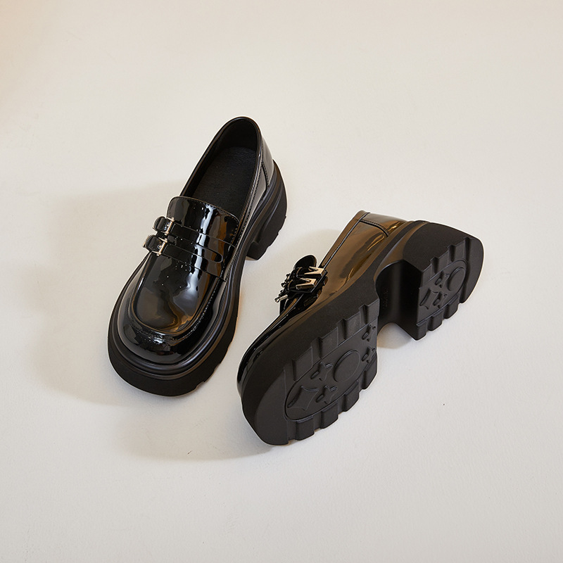 Thick-Soled Genuine Leather Small Leather Shoes for Women British Style 2024 Autumn New Round-Toe Flats with Metal Buckle Straps Soft-Soled Loafers