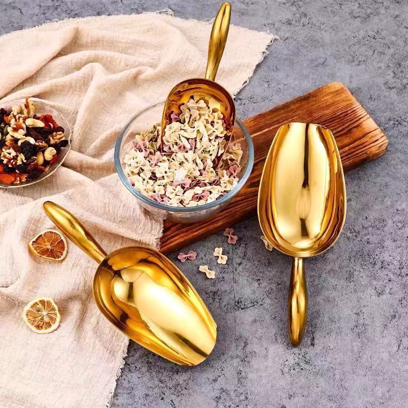 Stainless Steel Ice Shovel, Thickened Integrated Shovel for Rice, Flour, Food, Tea Leaves, Flat-Bottomed Shovel, Multi-Purpose Shovel for Milk Tea Shop Ice Maker