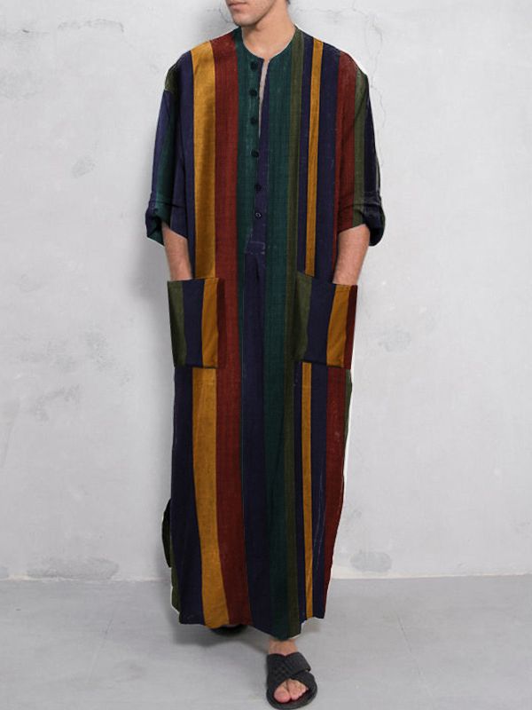 Foreign Trade Spring and Summer New Middle East Clothing Long-sleeved One-piece Arabian Men's Striped Printed Muslim Men's Robe